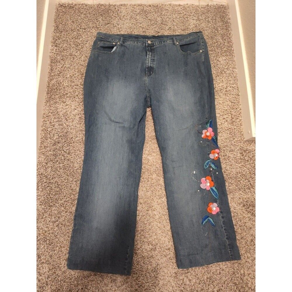Denim 24/7 Floral Embroidered Beads Sequins Jeans Women's Plus Size 30T Y2K Boho
